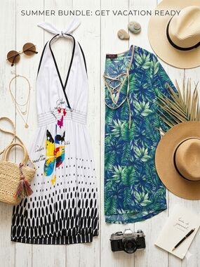 Summer Vacation Bundle: Y2K Halter Dress (M) & Tropical Cover-Up (S)